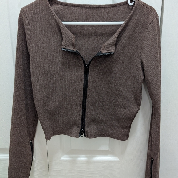 Brown Zip-Up Long Sleeve Top - Picture 1 of 5